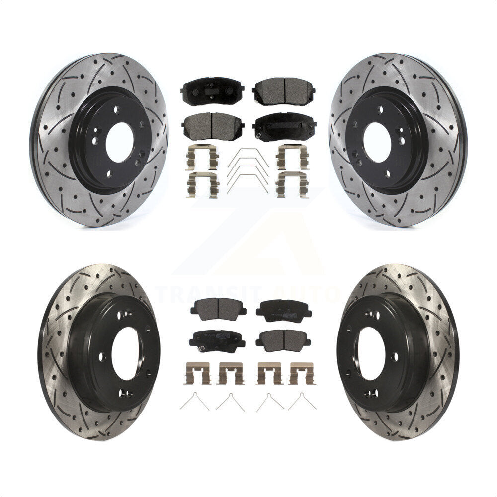 Front Rear Coated Drilled Slotted Disc Brake Rotors And Semi-Metallic Pads Kit For Kia Soul Forte KDF-100674 by Transit Auto