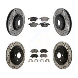 Front Rear Coated Drilled Slotted Disc Brake Rotors And Semi-Metallic Pads Kit For 2013-2014 Volvo S60 With 300mm Diameter Rotor KDF-100830