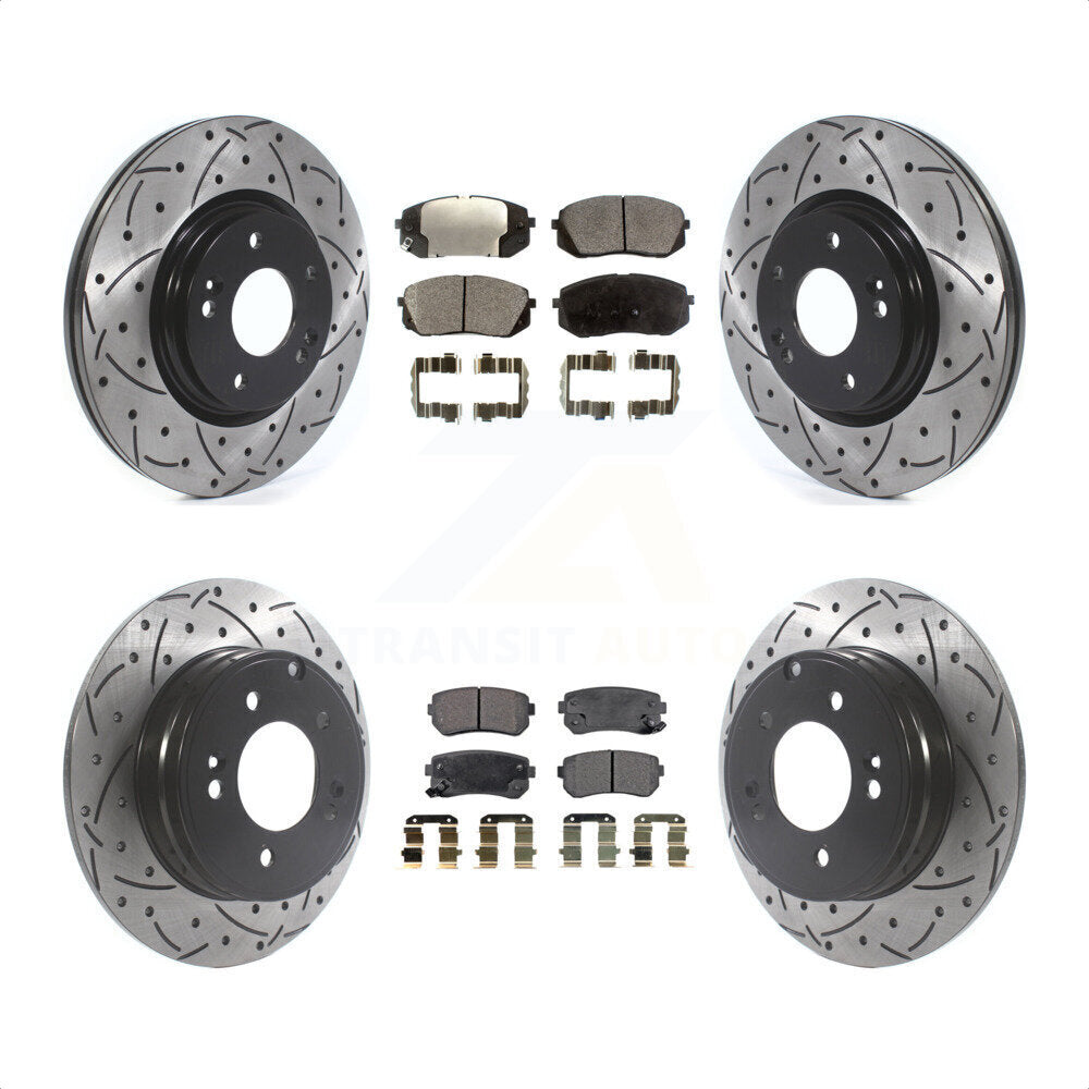 Front Rear Coated Drilled Slotted Disc Brake Rotors And Semi-Metallic Pads Kit For 2015 Hyundai Sonata GAS engine With Manual Parking KDF-100862 by Transit Auto