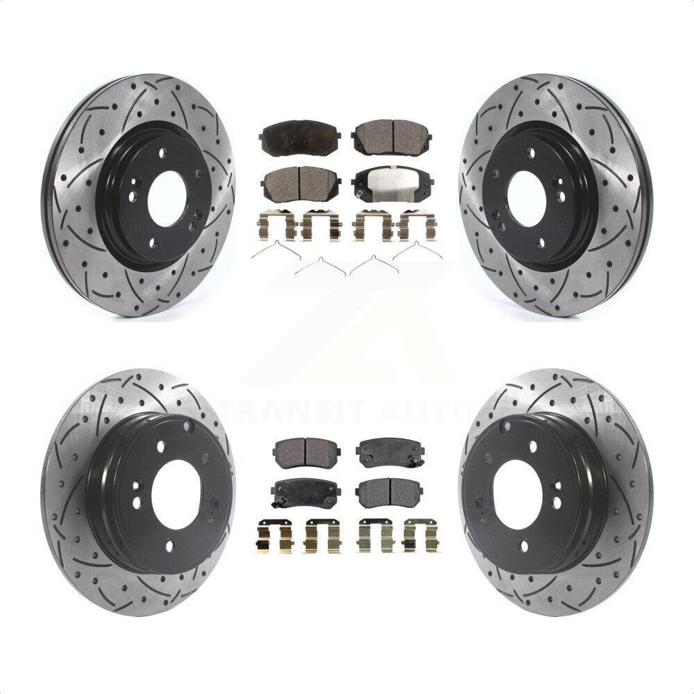 Front Rear Coated Drilled Slotted Disc Brake Rotors And Semi-Metallic Pads Kit For 2015-2016 Hyundai Sonata GAS engine With Manual Parking KDF-100863 by Transit Auto