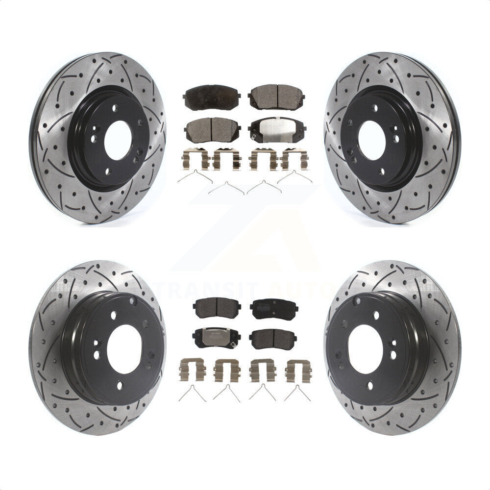 Front Rear Coated Drilled Slotted Disc Brake Rotors And Semi-Metallic Pads Kit For Kia Optima With Manual Parking KDF-100864 by Transit Auto