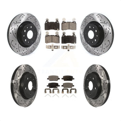 Front Rear Coated Drilled Slotted Disc Brake Rotors And Semi-Metallic Pads Kit For 2016-2018 Cadillac CT6 With 345mm Diameter Rotor KDF-100942