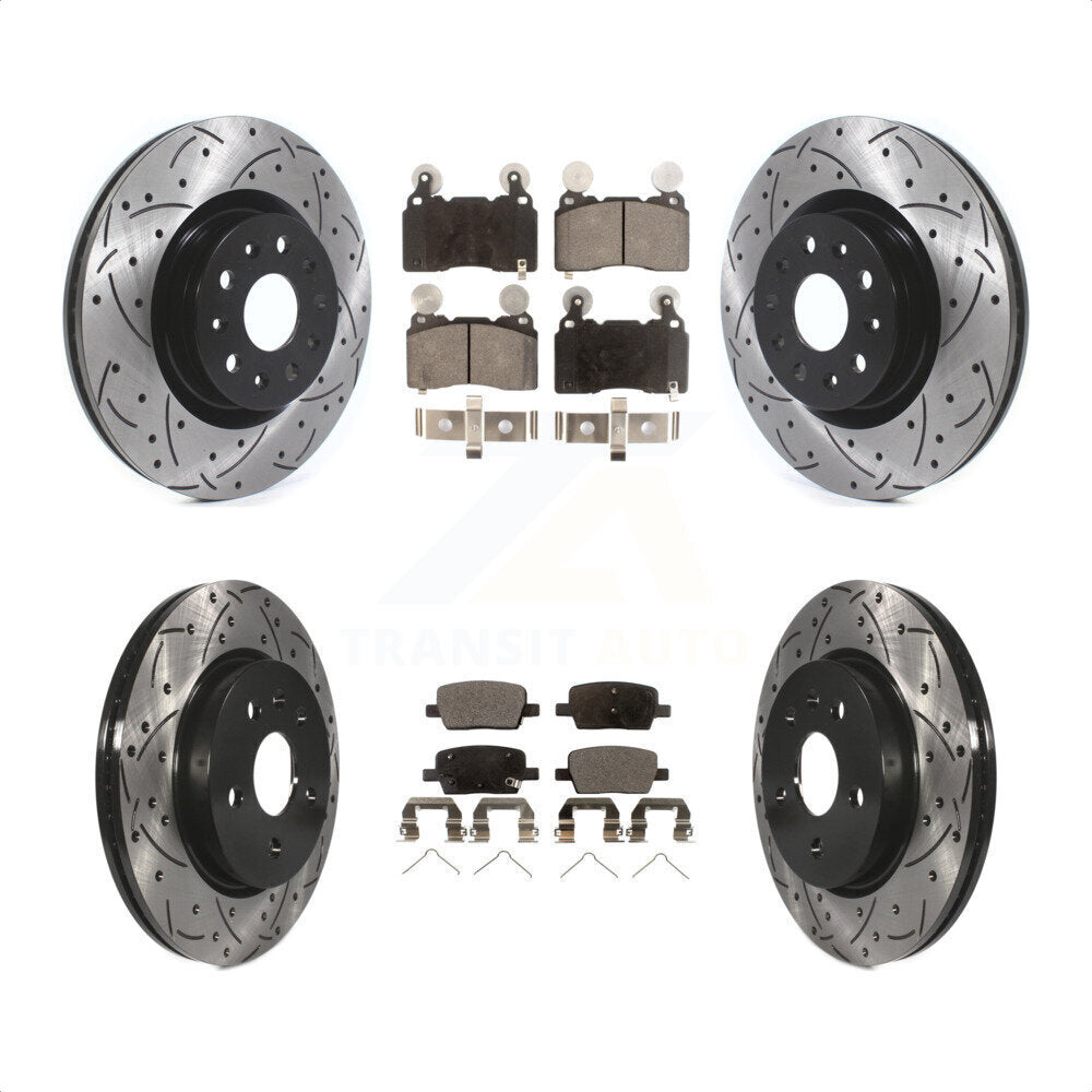 Front Rear Coated Drilled Slotted Disc Brake Rotors And Semi-Metallic Pads Kit For 2016-2018 Cadillac CT6 With 345mm Diameter Rotor KDF-100942 by Transit Auto