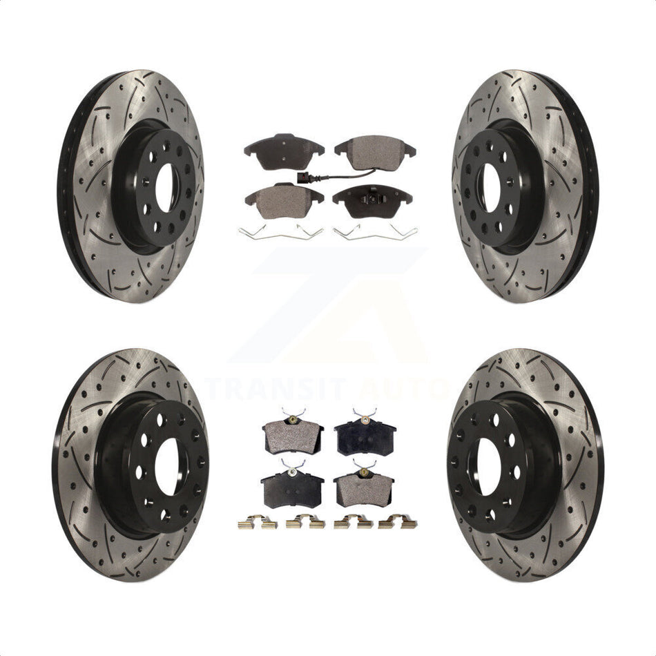 Front Rear Coated Drilled Slotted Disc Brake Rotors And Semi-Metallic Pads Kit For 2014 Volkswagen Beetle R-Line GSR With 272mm Diameter Rotor KDF-100992 by Transit Auto