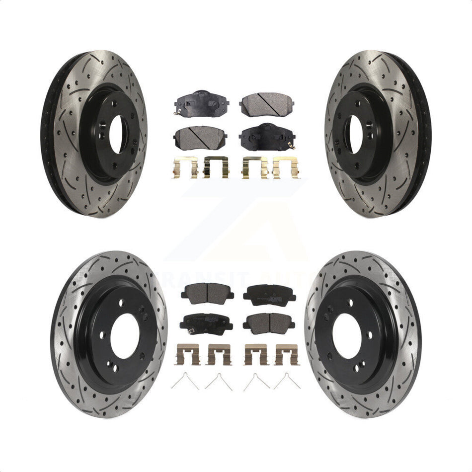 Front Rear Coated Drilled Slotted Disc Brake Rotors And Semi-Metallic Pads Kit For 2016 Kia Soul EV From Chassis VIN #160921 KDF-101029 by Transit Auto