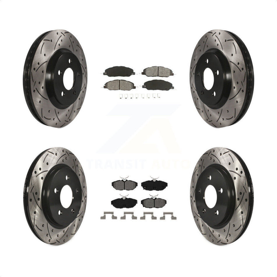 Front Rear Coated Drilled Slotted Disc Brake Rotors And Semi-Metallic Pads Kit For Ford Mustang KDS-100198 by Transit Auto