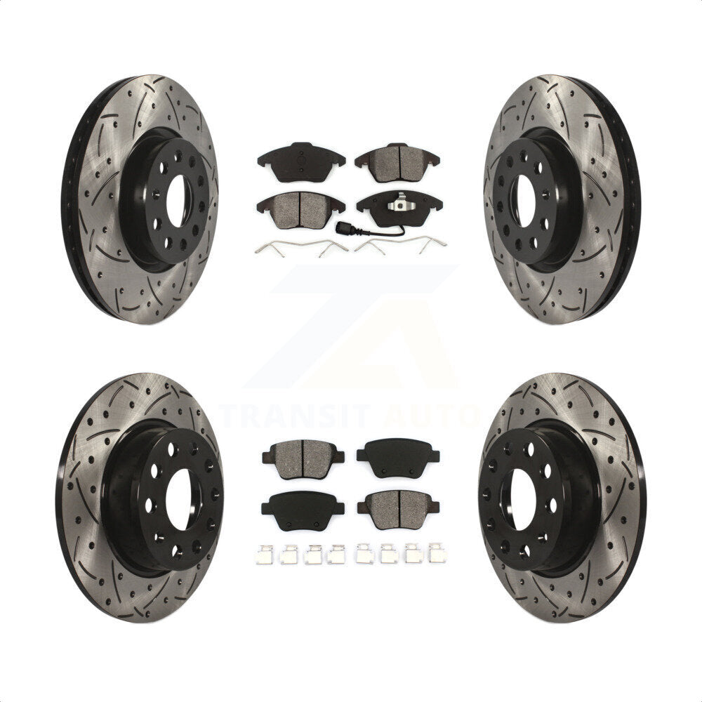 Front Rear Coated Drilled Slotted Disc Brake Rotors And Semi-Metallic Pads Kit For Volkswagen Beetle GTI KDS-100271 by Transit Auto