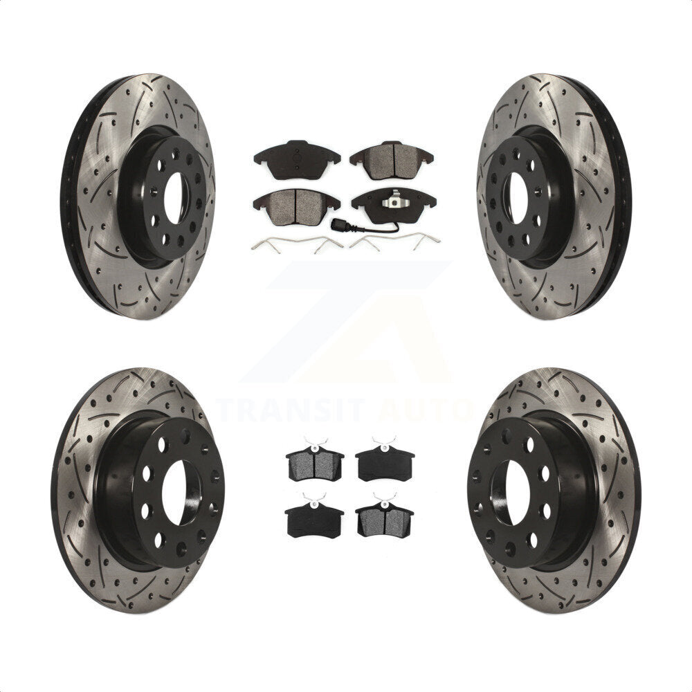 Front Rear Coated Drilled Slotted Disc Brake Rotors And Semi-Metallic Pads Kit For Volkswagen Jetta Beetle KDS-100273 by Transit Auto