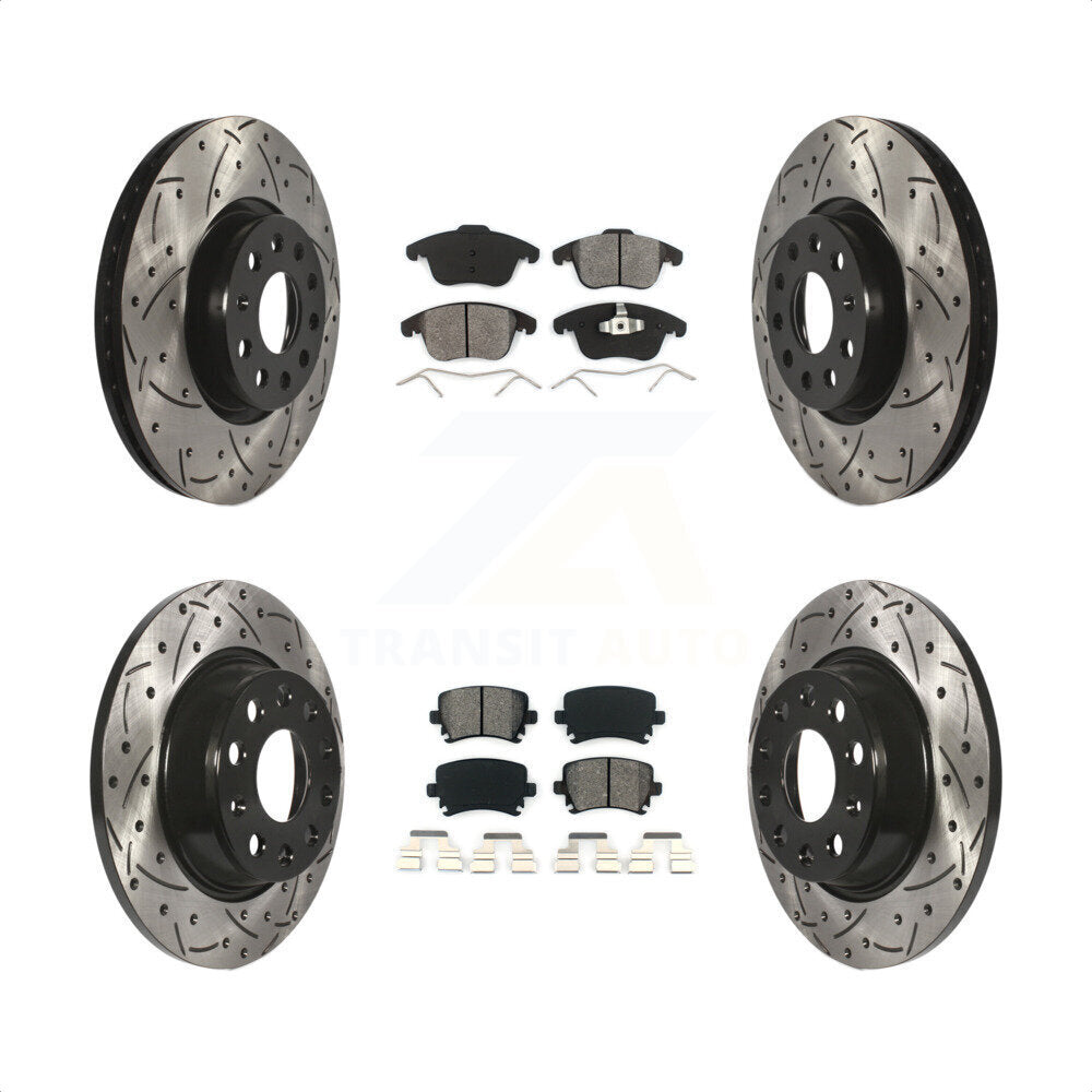 Front Rear Coated Drilled Slotted Disc Brake Rotors And Semi-Metallic Pads Kit For Volkswagen Tiguan Audi Q3 Limited Quattro KDS-100274 by Transit Auto