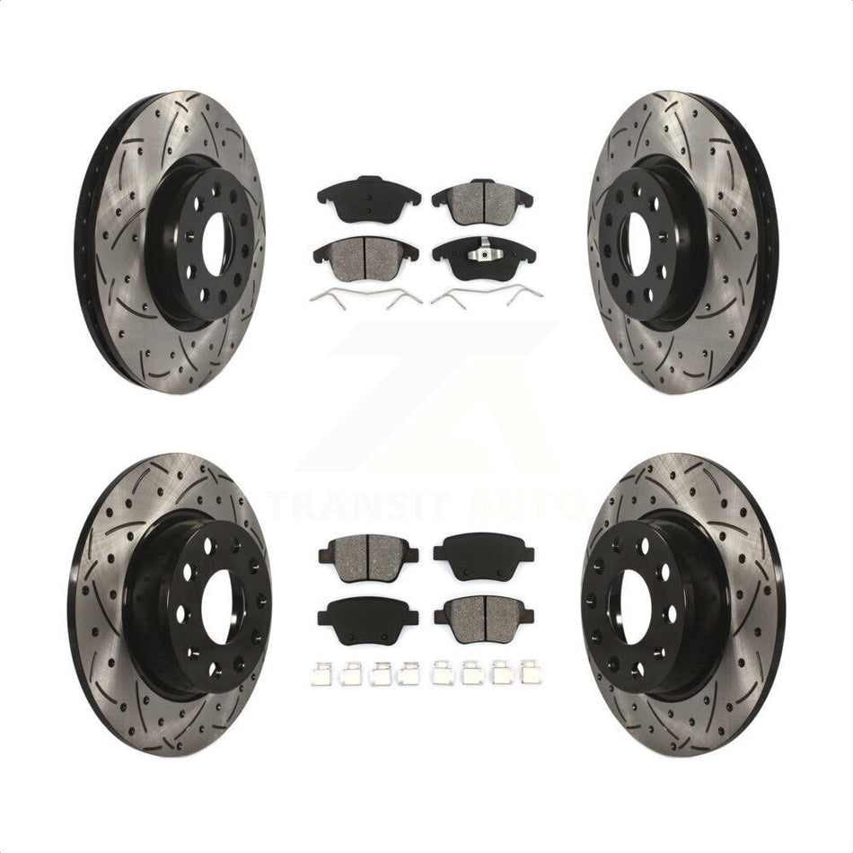 Front Rear Coated Drilled Slotted Disc Brake Rotors And Semi-Metallic Pads Kit For Volkswagen Passat KDS-100275 by Transit Auto