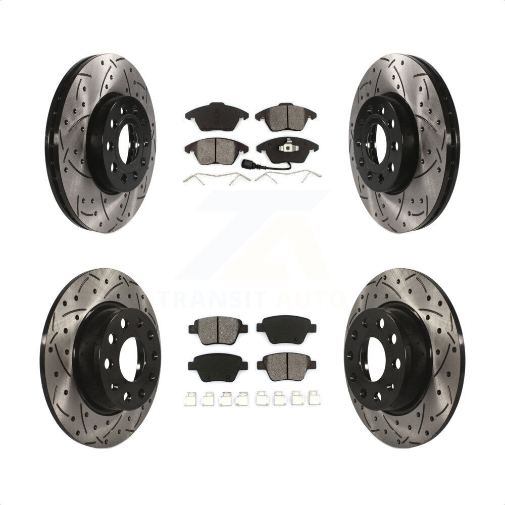 Front Rear Coated Drilled Slotted Disc Brake Rotors And Semi-Metallic Pads Kit For Volkswagen Beetle KDS-100277 by Transit Auto