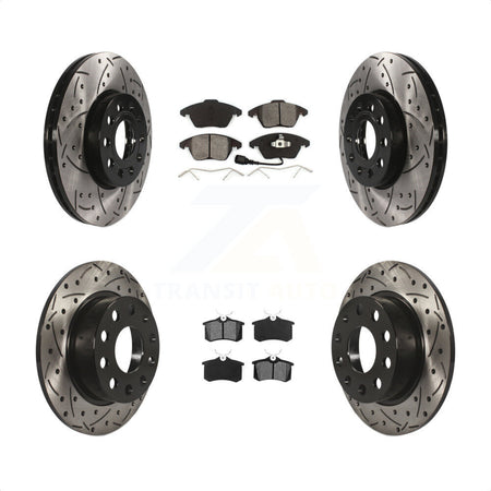 Front Rear Coated Drilled Slotted Disc Brake Rotors And Semi-Metallic Pads Kit For Volkswagen Jetta Beetle KDS-100279 by Transit Auto