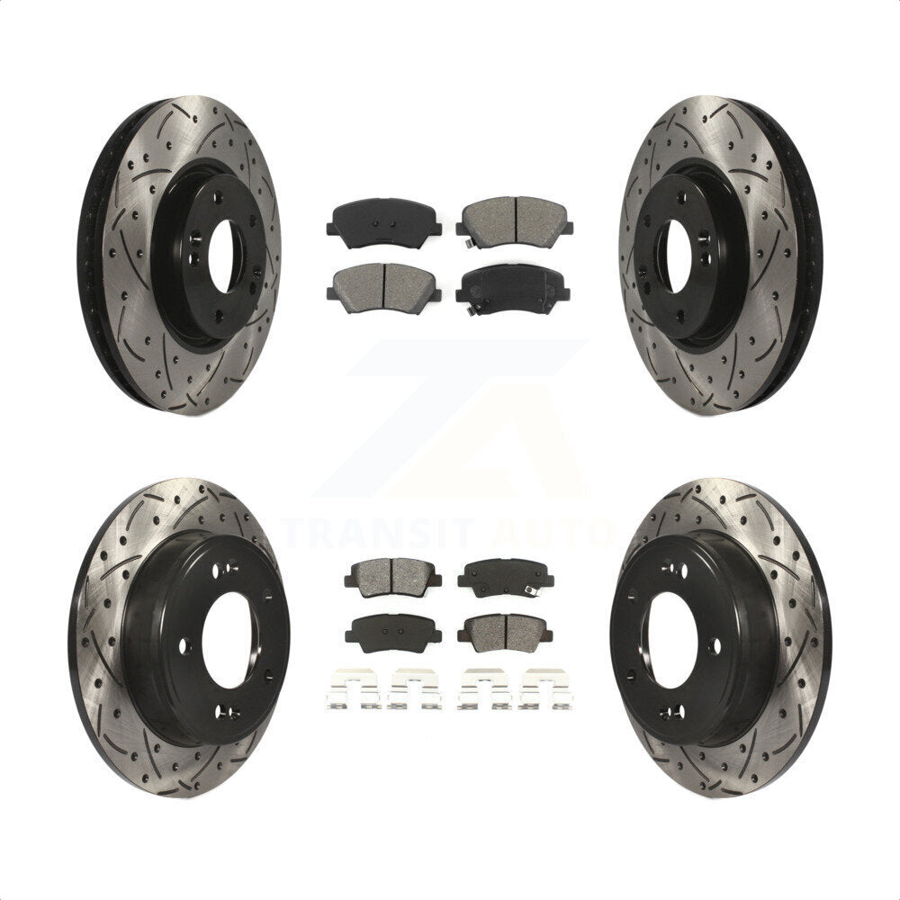 Front Rear Coated Drilled Slotted Disc Brake Rotors And Semi-Metallic Pads Kit For 2015 Hyundai Veloster Tech RE FLEX SE KDS-100281 by Transit Auto