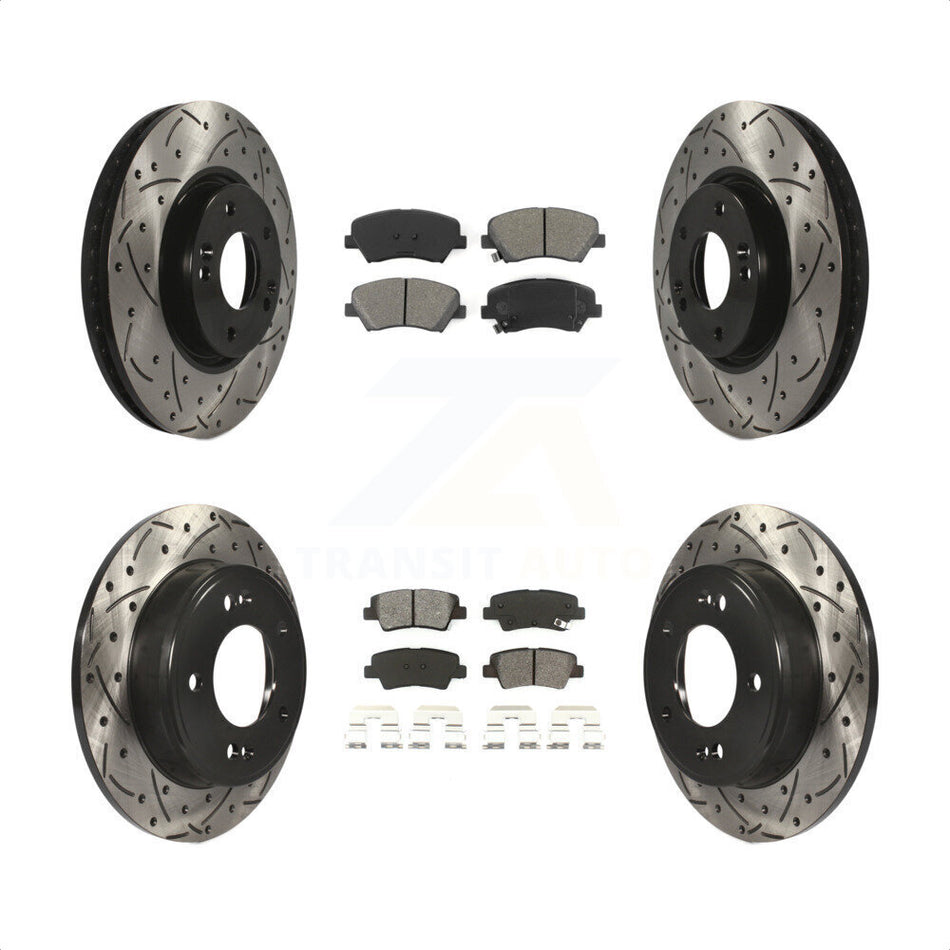 Front Rear Coated Drilled Slotted Disc Brake Rotors And Semi-Metallic Pads Kit For 2015 Hyundai Veloster Tech RE FLEX SE KDS-100281 by Transit Auto