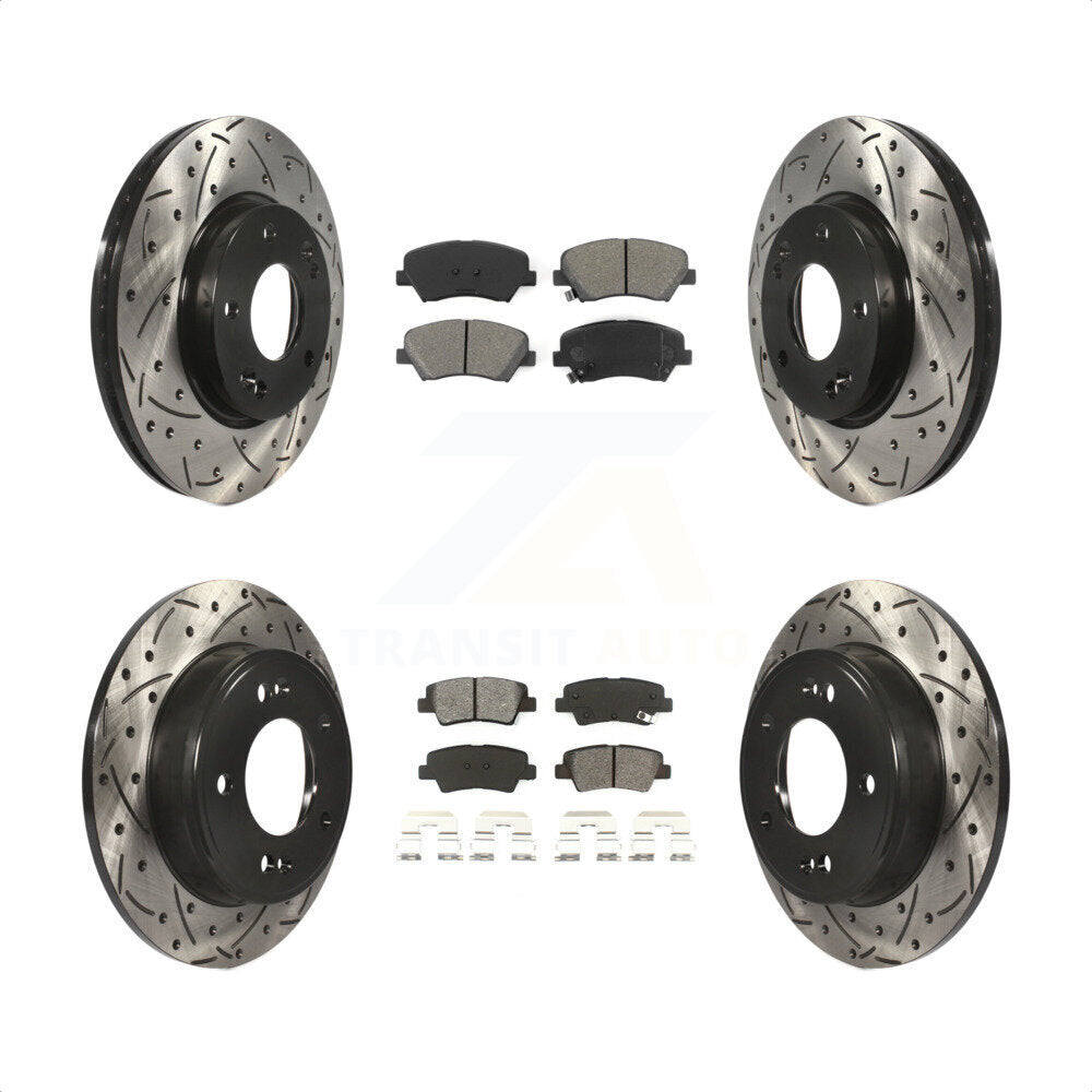 Front Rear Coated Drilled Slotted Disc Brake Rotors And Semi-Metallic Pads Kit For Hyundai Elantra Kia Forte Veloster GT Forte5 Coupe Koup KDS-100337 by Transit Auto