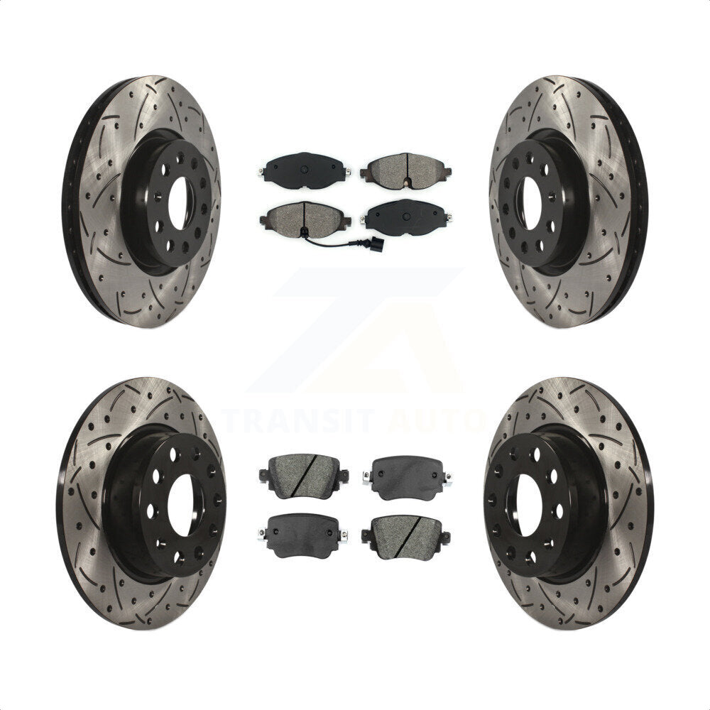 Front Rear Coated Drilled Slotted Disc Brake Rotors And Semi-Metallic Pads Kit For Volkswagen GTI Golf Alltrack Passat KDS-100527 by Transit Auto