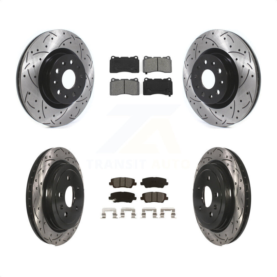 Front Rear Coated Drilled Slotted Disc Brake Rotors And Semi-Metallic Pads Kit For Cadillac CTS With 18" Factory Wheels KDS-100624 by Transit Auto