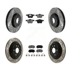 Front Rear Coated Drilled Slotted Disc Brake Rotors And Semi-Metallic Pads Kit For 2008 Volvo V70 With 300mm Diameter Rotor KDS-100744