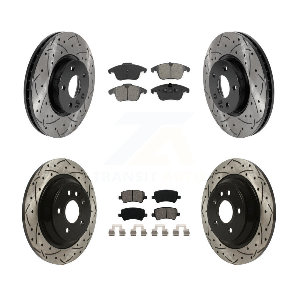 Front Rear Coated Drilled Slotted Disc Brake Rotors And Semi-Metallic Pads Kit For 2013-2014 Volvo S60 With 300mm Diameter Rotor KDS-100745 by Transit Auto