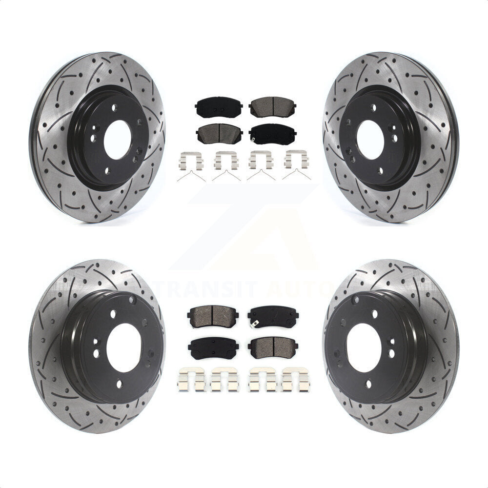 Front Rear Coated Drilled Slotted Disc Brake Rotors And Semi-Metallic Pads Kit For 2015-2016 Hyundai Sonata GAS engine With Manual Parking KDS-100775 by Transit Auto