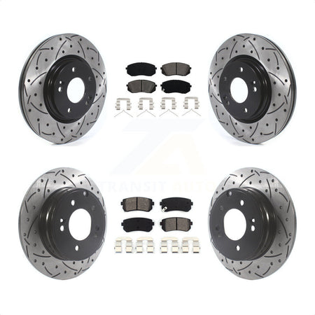 Front Rear Coated Drilled Slotted Disc Brake Rotors And Semi-Metallic Pads Kit For 2015-2016 Hyundai Sonata GAS engine With Manual Parking KDS-100775 by Transit Auto