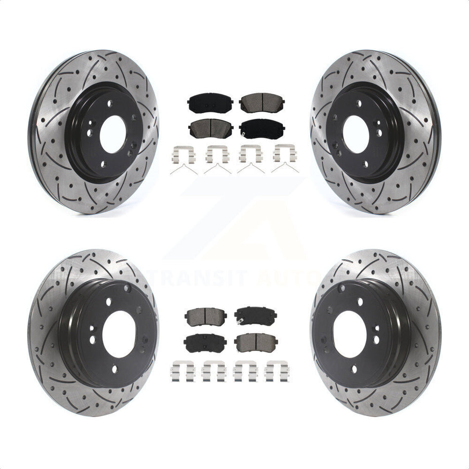 Front Rear Coated Drilled Slotted Disc Brake Rotors And Semi-Metallic Pads Kit For Kia Optima With Manual Parking KDS-100776 by Transit Auto