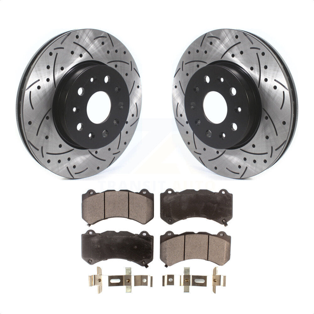 Front Coated Drilled Slotted Disc Brake Rotors And Ceramic Pads Kit For 2019-2020 Chevrolet Camaro LT LS With 6 Piston Brembo Calipers KDT-100635 by Transit Auto