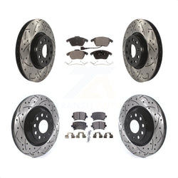 Front Rear Coated Drilled Slotted Disc Brake Rotors And Ceramic Pads Kit For 2009-2010 Volkswagen Passat CC With 312mm Diameter Rotor KDT-100669
