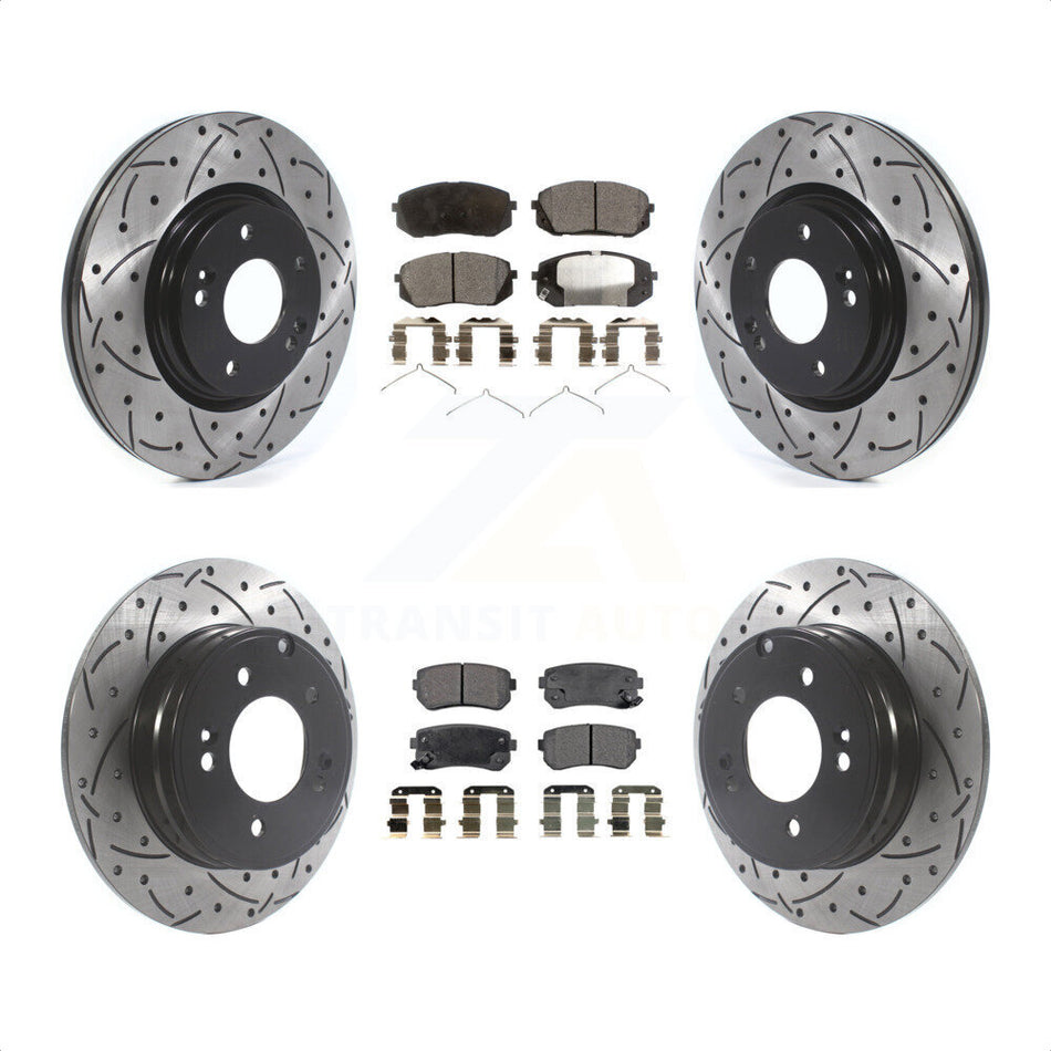 Front Rear Coated Drilled Slotted Disc Brake Rotors And Ceramic Pads Kit For 2015-2016 Hyundai Sonata GAS engine With Manual Parking KDT-100895 by Transit Auto