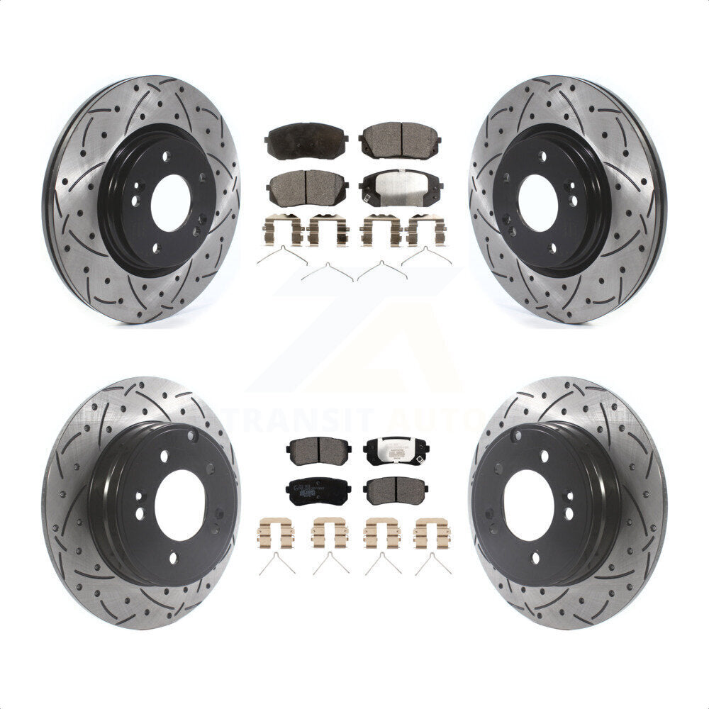 Front Rear Coated Drilled Slotted Disc Brake Rotors And Ceramic Pads Kit For Kia Optima With Manual Parking KDT-100896 by Transit Auto