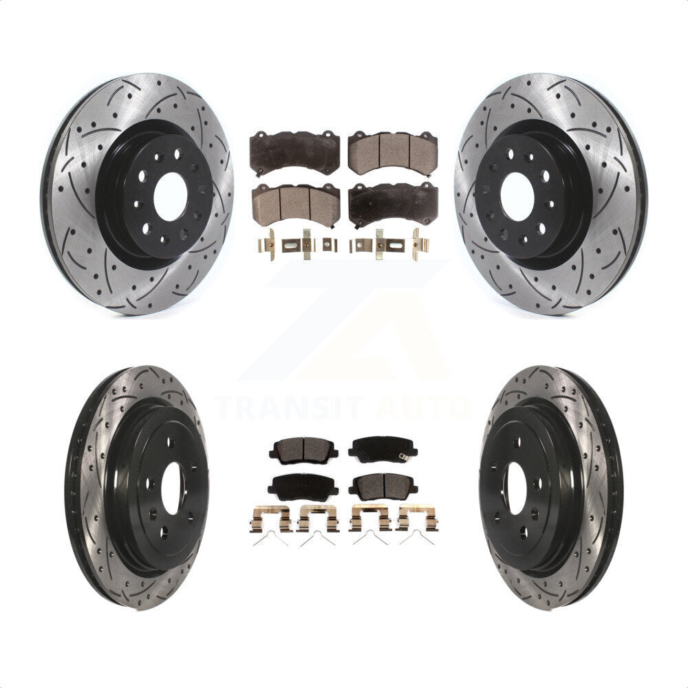 Front Rear Coated Drilled Slotted Disc Brake Rotors And Ceramic Pads Kit For 2016 Cadillac CTS Vsport Premium with RWD Without Performance Lining KDT-100996 by Transit Auto