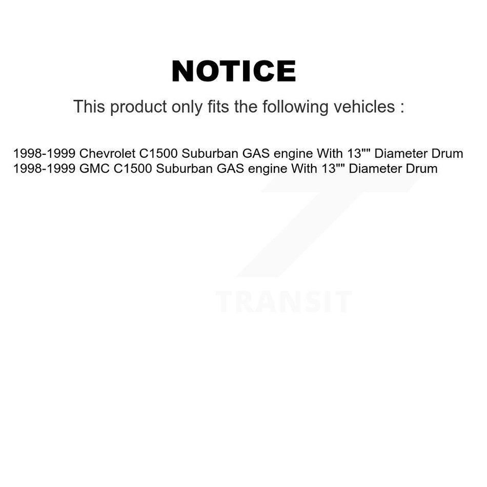 Front Rear Disc Brake Rotors Hub Assembly Semi-Metallic Pads And Drum Kit For 1998-1999 C1500 Suburban Chevrolet GMC With 13" Diameter GAS engine K8S-103480